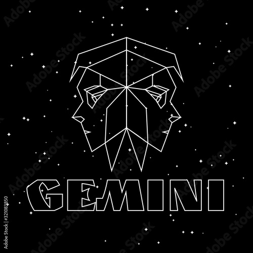 Abstract polygonal zodiac sign gemini on black starry sky background