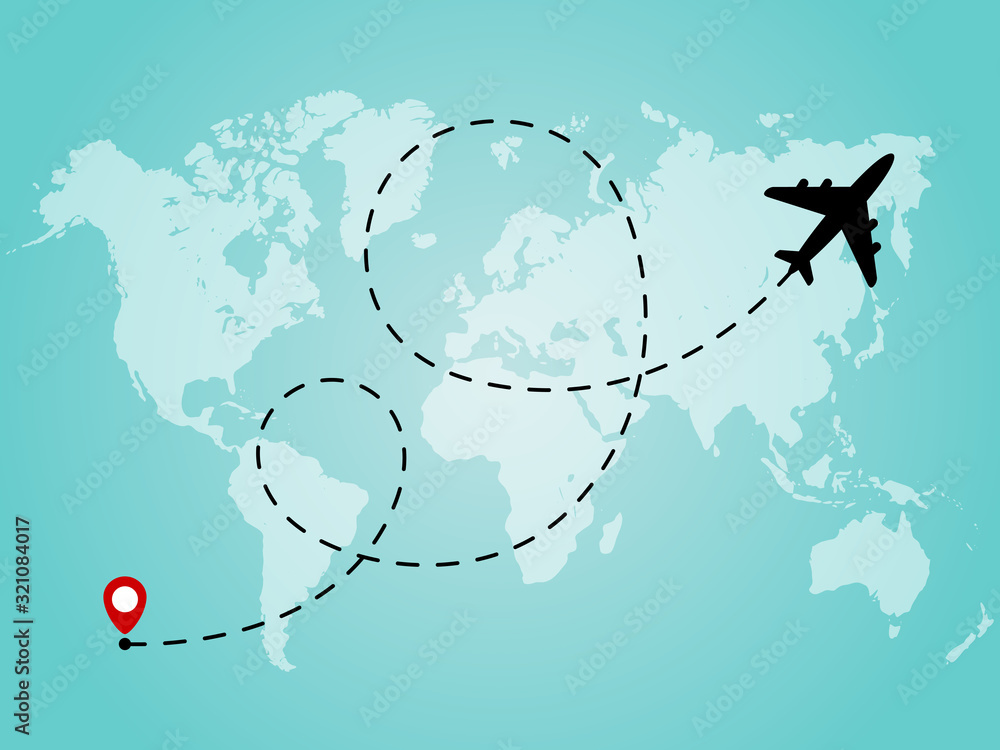 World map with airplane line path. Travel concept