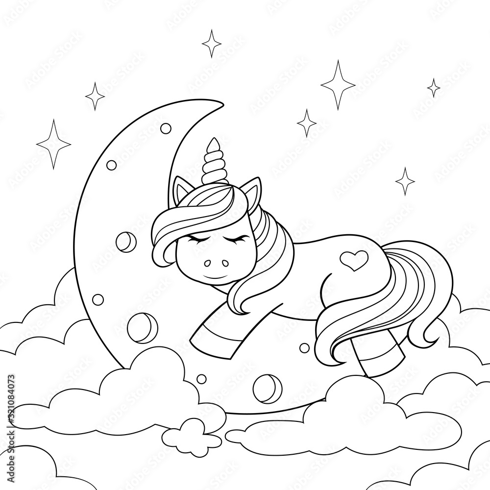 Cute cartoon unicorn sleeping on the moon in clouds. Black and white ...