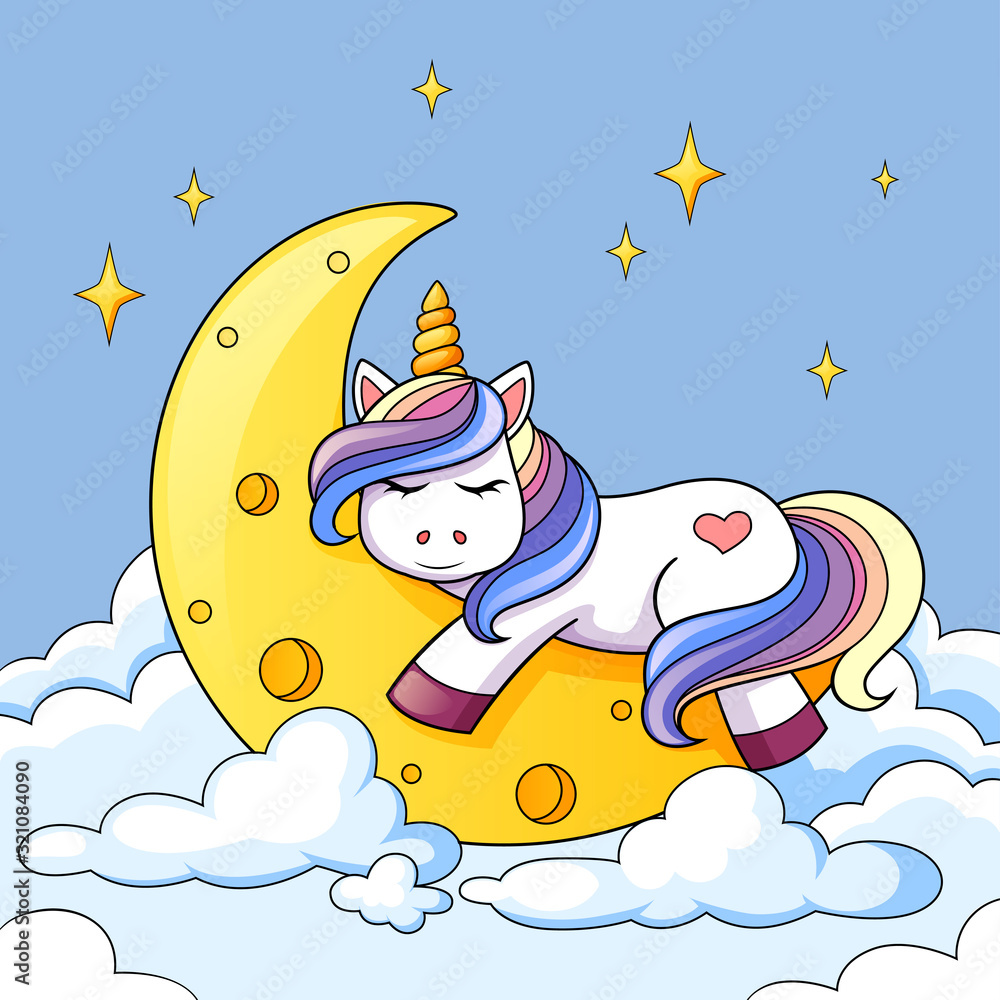 Fototapeta Cute cartoon unicorn sleeping on the moon in clouds