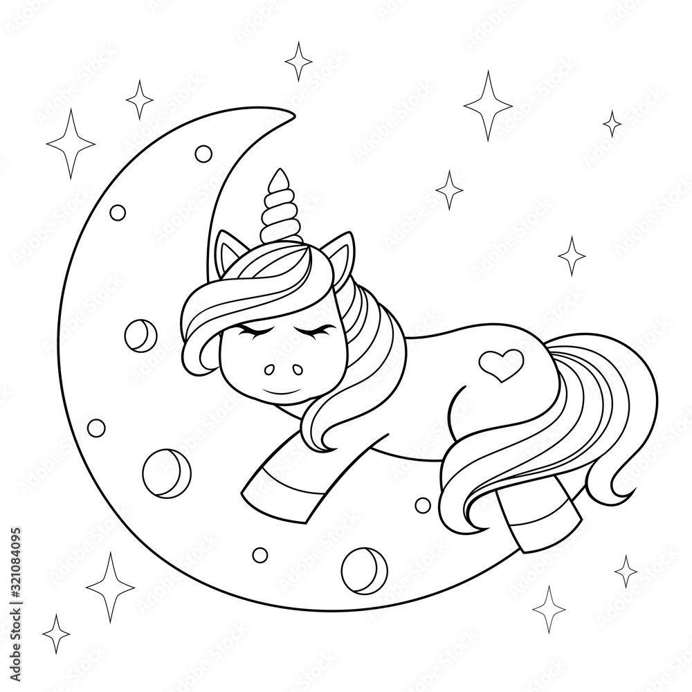 Cute cartoon unicorn sleeping on the moon. Black and white illustration ...