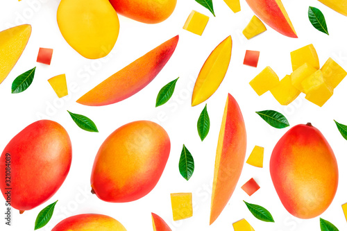 Fototapeta Naklejka Na Ścianę i Meble -  Mango isolated on the white background. Pile of fresh tropical mangoes top view