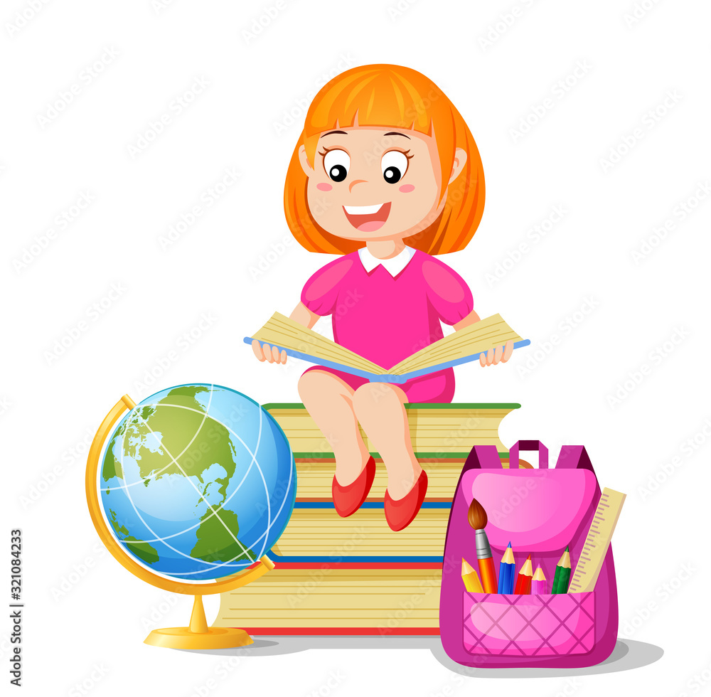 Girl sitting on pile books and reading book. I love read. Back to school. School education and knowledge Girl sitting on pile books and reading book. I love read. Back to school. School education and knowledge