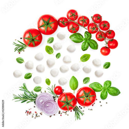 Mozzarella,  basil leaf, rosemary and tomatoes  isolated  on white background.Creative layout made of fresh vegetables. Flat lay. Top view