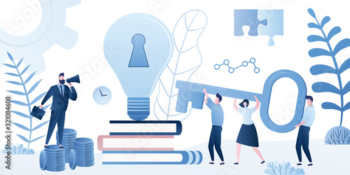Path to success, brainstorming and motivation background. Big idea bulb with key hole and business people holding key.