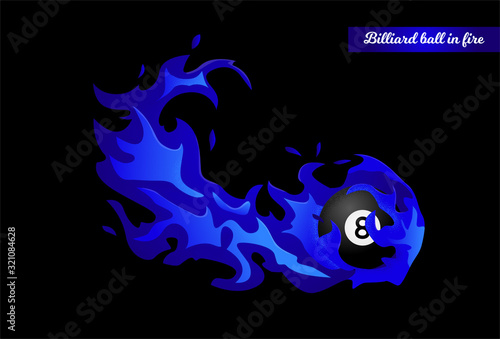 Flying black billiard eight ball in fire 