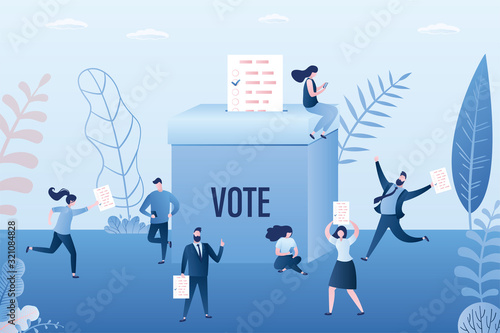 Group of people holding paper ballot pages. Online vote, electronic voting. Big ballot box. Referendum or election concept