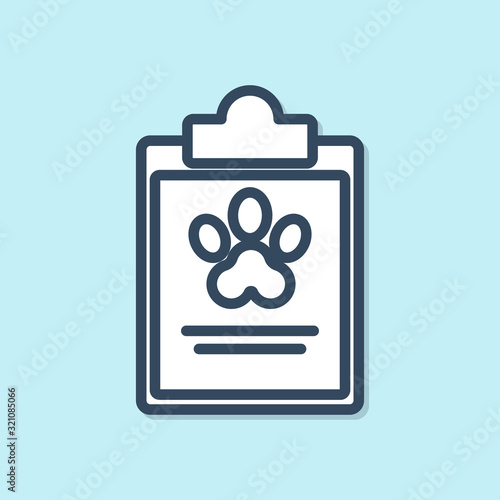 Blue line Clipboard with medical clinical record pet icon isolated on blue background. Health insurance form. Medical check marks report. Vector Illustration