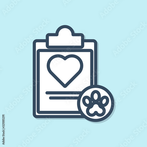Blue line Clipboard with medical clinical record pet icon isolated on blue background. Health insurance form. Medical check marks report. Vector Illustration