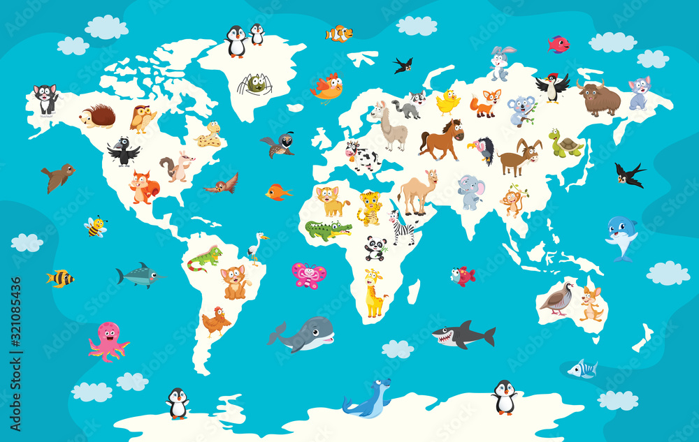 Fototapeta World Map With Cartoon Animals