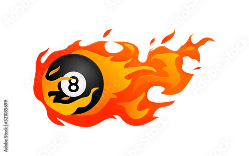 Flying black billiard eight ball in fire 