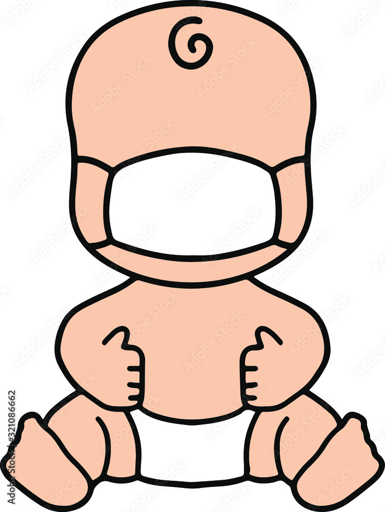 Baby isolated is wearing face mask to protect air pollutionon on white background. Kid character wear safety mask cartoon vector illustration in flat design. Baby isolated is wearing face mask to protect air pollutionon on white background. Kid character wear safety mask cartoon vector illustration in flat design.