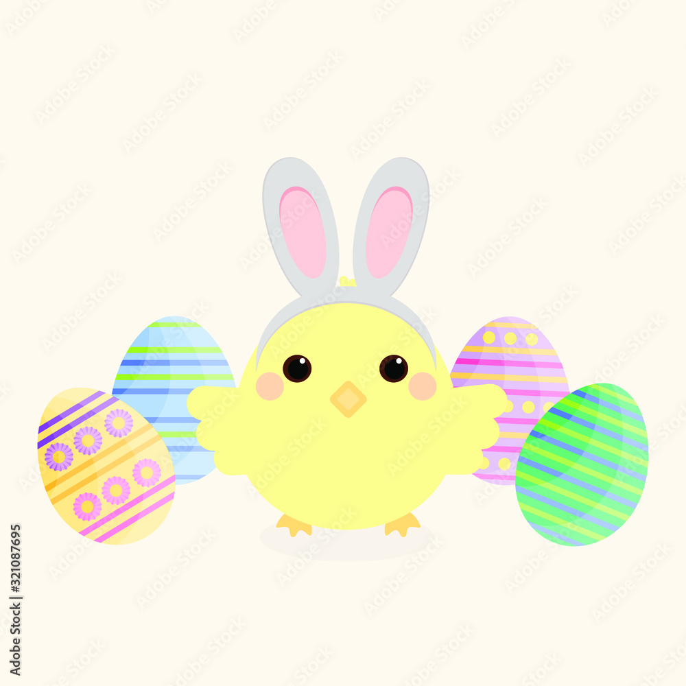 This is flat happy Easter Day background. Cute vector card with chick and Easter eggs on yellow background. This is flat happy Easter Day background. Cute vector card with chick and Easter eggs on yellow background.