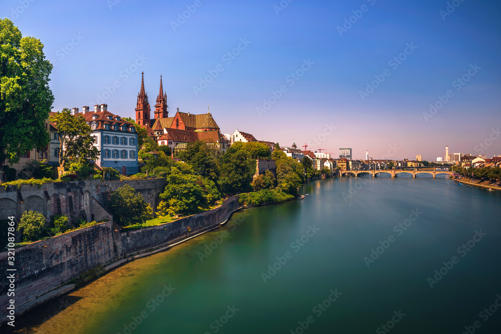 Old Town of Basel, Munster cathedral and the Rhine river in Switzerland