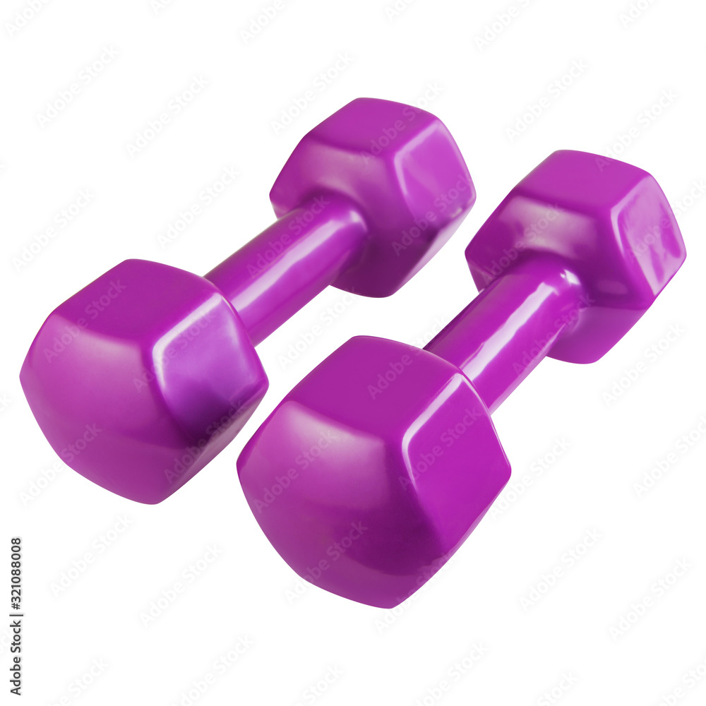 pair of glossy lilac dumbbells for fitness, on a white background pair of glossy lilac dumbbells for fitness, on a white background