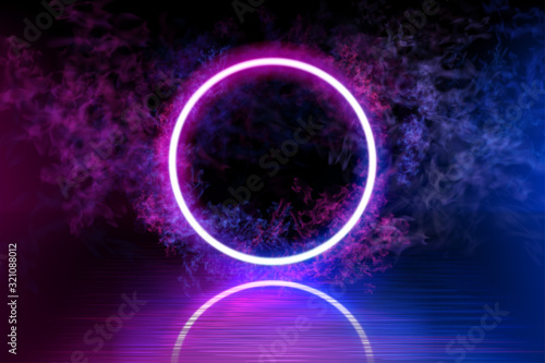 Neon color geometric circle on a dark background. Round mystical portal, luminous line, neon sign. Reflection of blue and pink neon light on the floor. Rays of light in the dark, smoke. Vector. EPS 10