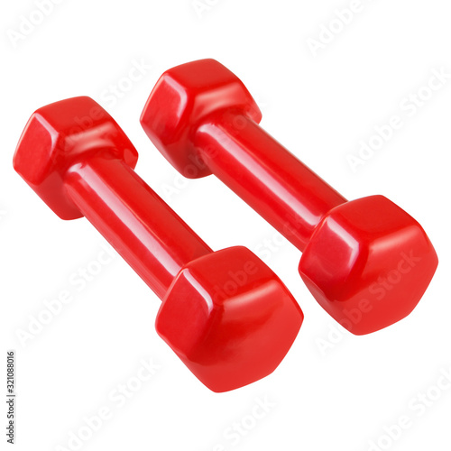 pair of glossy red dumbbells for fitness, in a polyurethane shell, on a white background