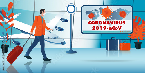 Man with medical mask in airport protecting himself and preventing Coronavirus infection -2019-nCoV- Threat to pandemic and epidemic.Virus contamination.Control.Vaccination.Antivirus