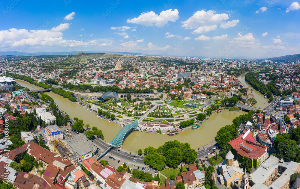 Panoramic view of Tbilisi city from the Narikala Fortress, old town and modern architecture. Tbilisi the capital of Georgia.