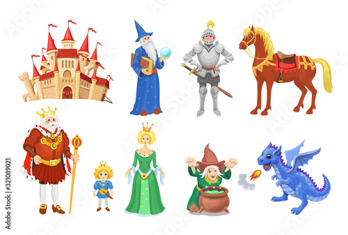 Fantasy fairy tale clipart. Cartoon characters princess, knight, dragon, wizard and king with castle, horse and witch. Medieval icons set