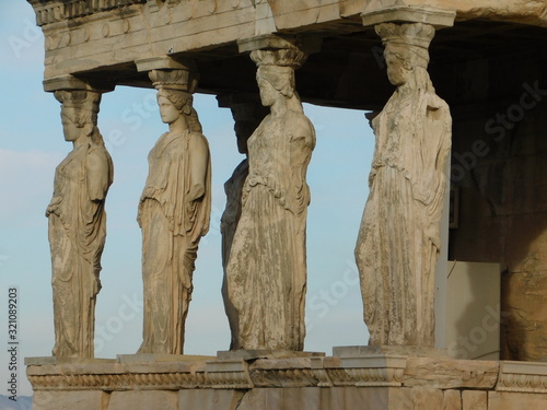 The porch of the Caryatids, on the Erectheion temple, in the ancient Acropolis, in Athens, Greece