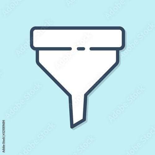 Blue line Funnel or filter icon isolated on blue background. Vector Illustration