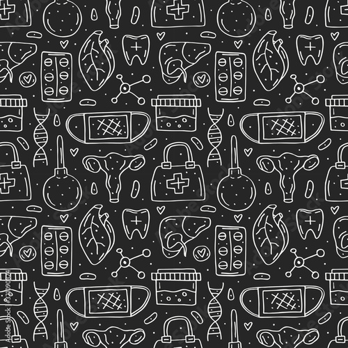 Medicine equipment  human organs  pills and blood elements cartoon doodle hand drawn vector seamless  pattern  texture  background  backdrop. Chalk cute design. Isolated on dark background. 