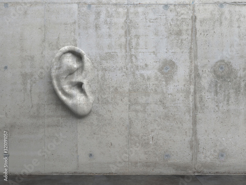 Cement sculpture in the shape of a human ear on a concrete wall. Illustration of the metaphor "Even walls have ears." Creative conceptual modern art with copy space. 3D rendering.