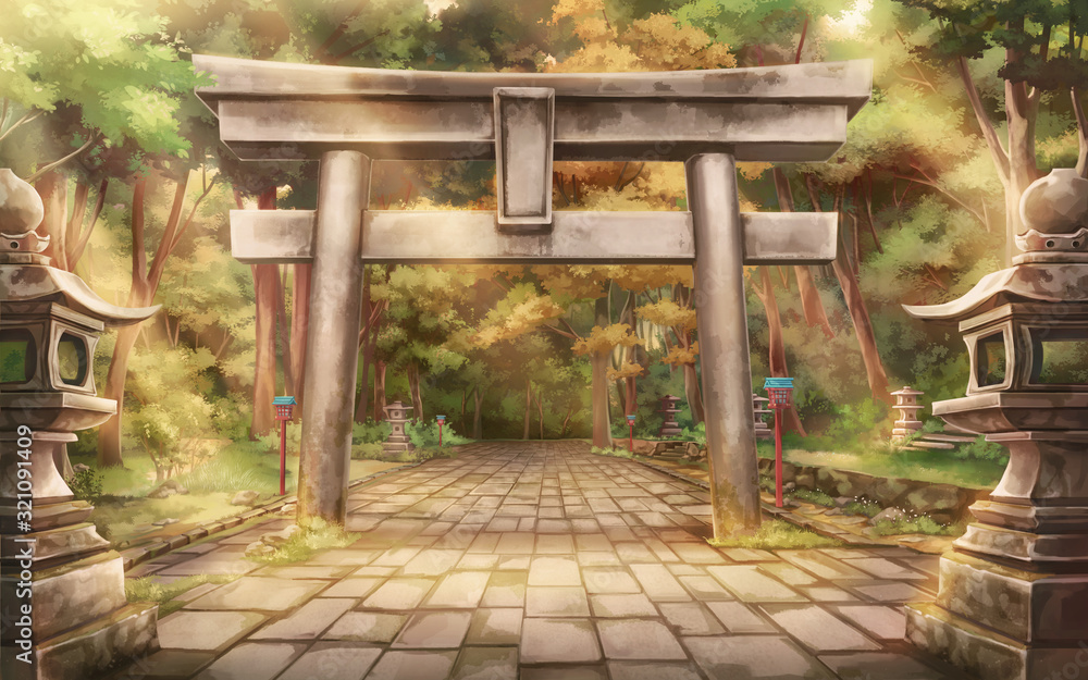 Torii forest - Afternoon , Anime background , Illustration. Stock  Illustration | Adobe Stock