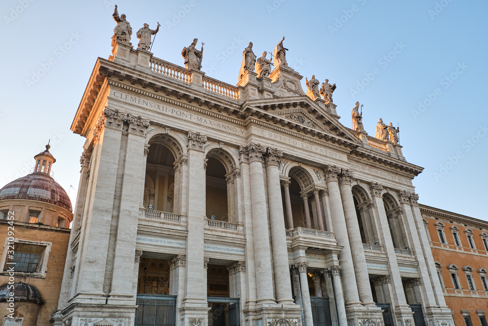 The main facade of the Archbasilica of Saint John Lateran in Rome, Italy