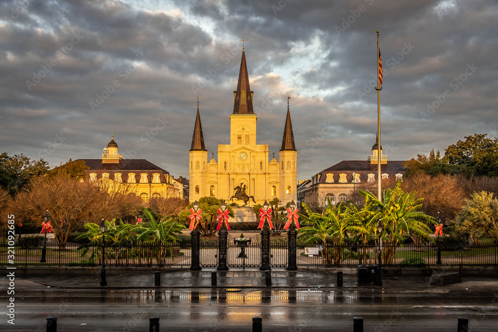 St. Louis Cathedral and Jackson Square in the French Quarter at sunrise