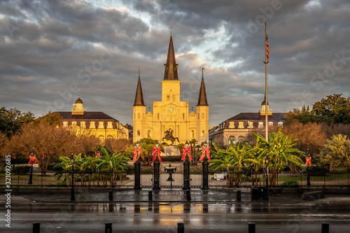 St. Louis Cathedral and Jackson Square in the French Quarter at sunrise
