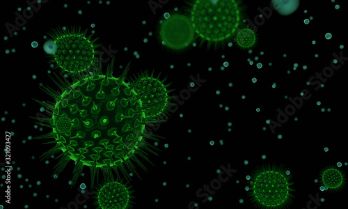 Covid-19. Coronavirus 2019-nCov novel coronavirus cell concept. Dangerous flu strain cases as a pandemic. Microscope virus close up. 3d rendering.