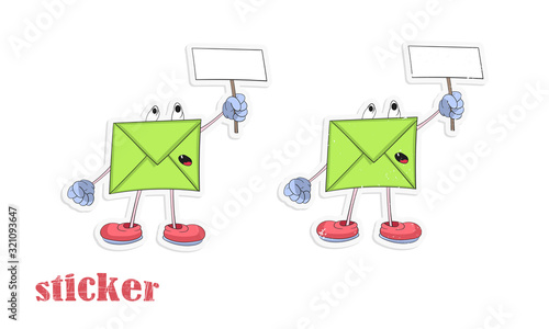 Cartoon envelope holds a sign. Vector illustration in the form of a sticker.