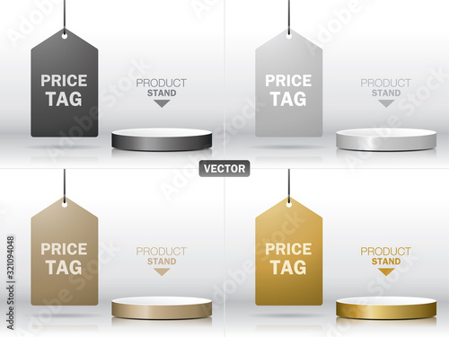 Elegant round product stands with hanging price tag vector set. 