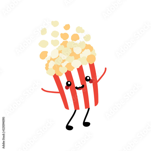Cute cartoon style popcorn bucket character having fun, jumping, dancing.