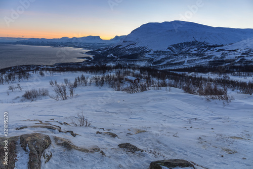 beautiful view over fjord. Abisko  Sweden. Polar night. long shutter speed