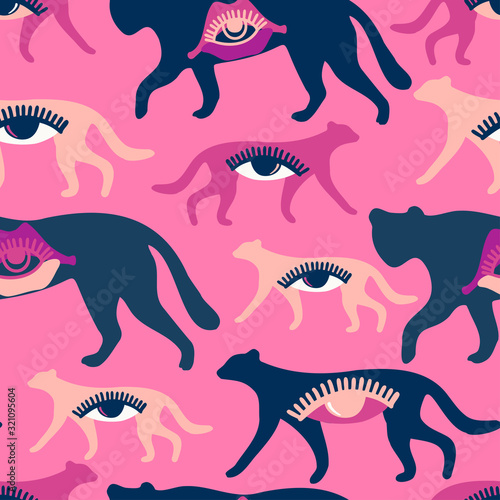 Modern seamless vector tropical colourful pattern with abstract panthers and eyes. Can be used for printing on paper, stickers, badges, bijouterie, cards, textiles. 