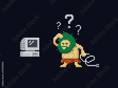 Pixel art primitive ancient cave man confused holding a power cord and looking at old vintage computer. Vector illustration character. Game asset 8-bit sprite