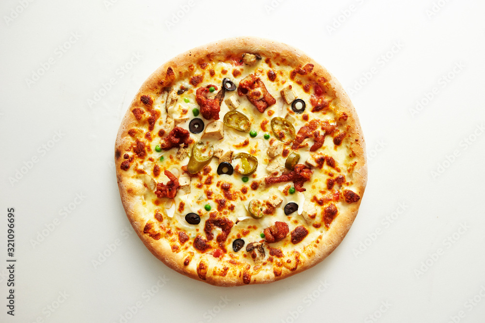 Cheese and olive pizza on white background Cheese and olive pizza on white background