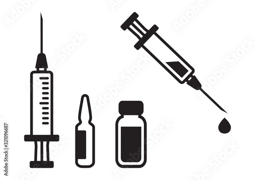 Syringe, vial, vaccine. Medical bottle and ampoule. Injector with drop liquid. Vector illustration