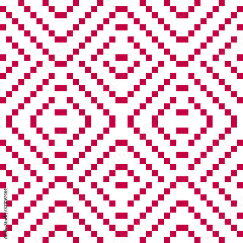 Vector geometric folk ornament. Slavic traditional ethnic seamless pattern. Ornamental background with small squares, crosses, floral shapes. Texture of embroidery, knitting. Red and white colors
