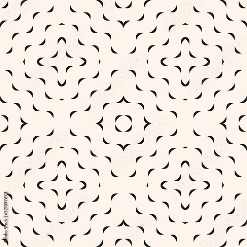 Vector minimalist geometric seamless pattern with small wavy shapes, curved lines. Simple abstract monochrome texture with concentric waves. Black and white background. Stylish modern minimal design