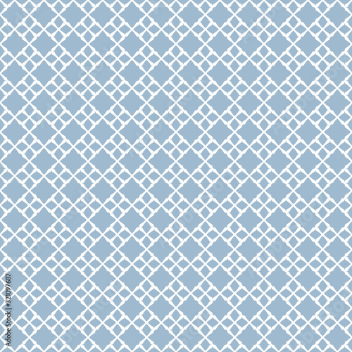 Vector geometric seamless pattern. Abstract background with small diamond shapes, floral figures, square grid, net, repeat tiles. Elegant ornament design in soft blue and white colors. Damask texture