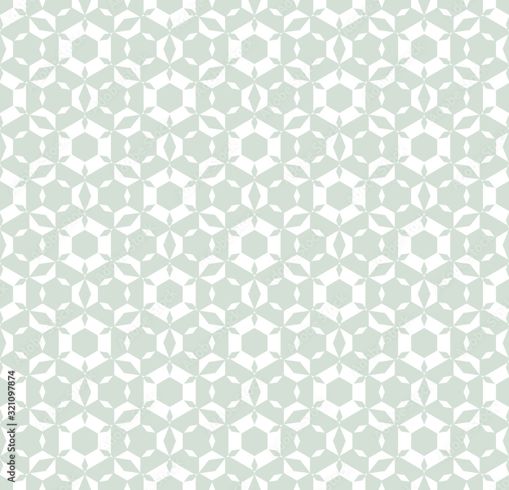 Subtle vector geometric seamless pattern. Retro vintage texture with icy figures, hexagonal elements, floral tiles, mosaic. Delicate white and pale green abstract background. Decorative repeat design