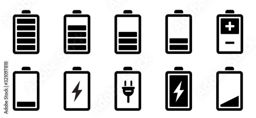 Battery icons set. Battery charging charge indicator icon. level battery energy. Alkaline battery capacity charge icon. Flat style - stock vector.