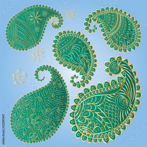 Five unique paisley elements in trendy green and gold colors photo