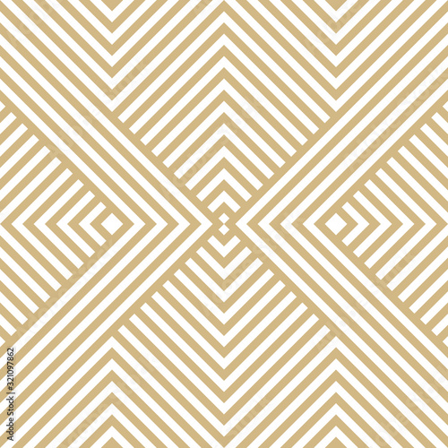 Vector golden geometric lines pattern. Luxury linear background with stripes, diagonal shapes, squares, chevron. Abstract white and gold seamless texture. Modern stylish design for decoration, covers