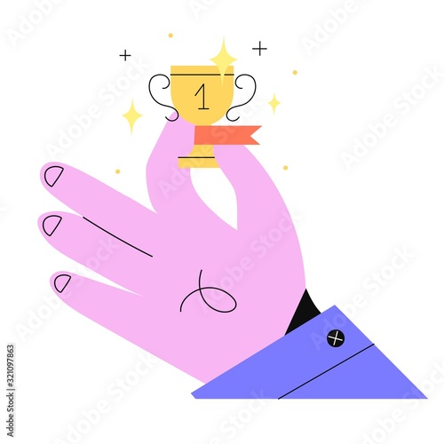 Flat with outline businessman hand holding first place golden champion trophy. Concept of winning competition, victory, team hard work reward, business or startup success, goals achievement.