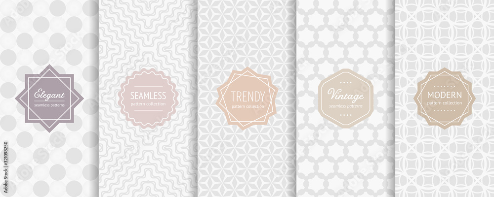 Subtle vector seamless patterns. Collection of elegant geometric background swatches with classic minimal labels. Simple abstract vintage textures. Light pastel design for decoration, cover, package